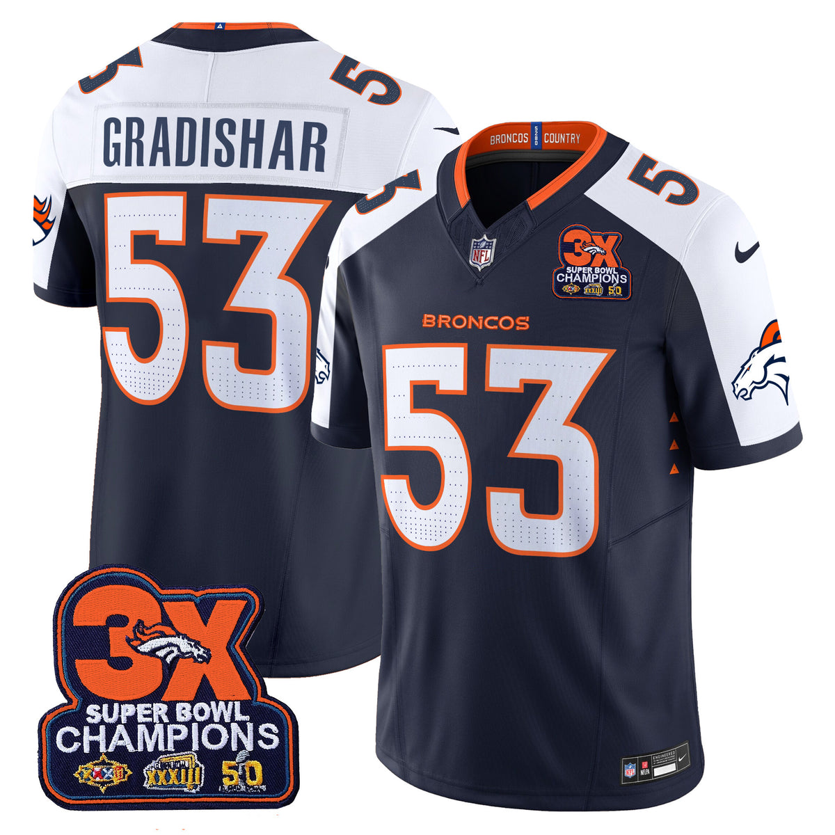 Men's Denver Broncos 3-Time Champions Patch Vapor Limited Jersey - All Stitched