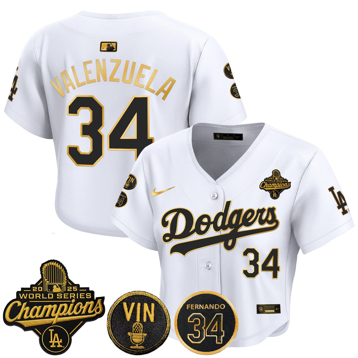 Women's Dodgers 2025 World Series Champions Crop Top Baseball Jersey - Vin Scully & Fernando Patch - All Stitched