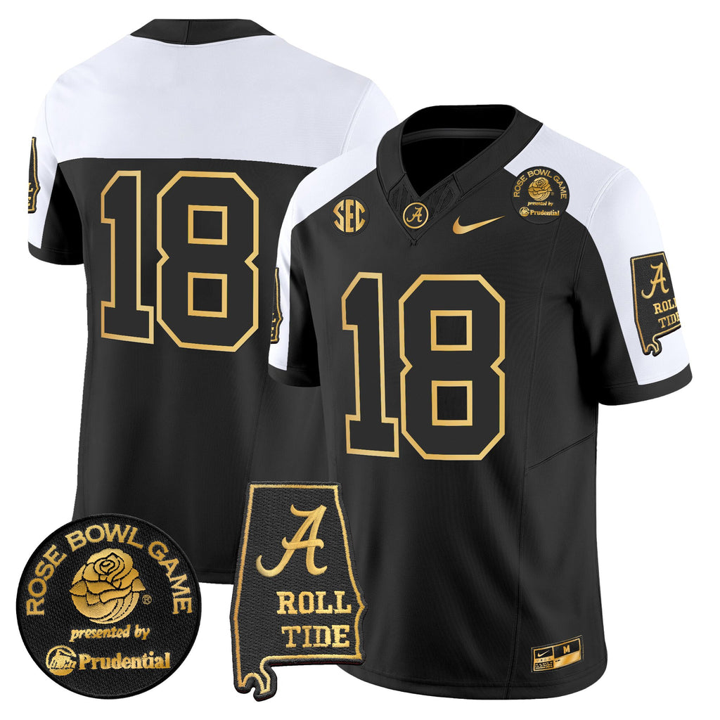 Men's Alabama Crimson Tide 2025 Rose Bowl Gold Vapor Limited Jersey - Alabama Map - All Stitched