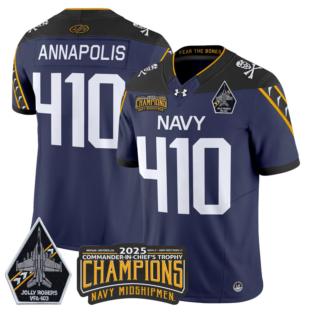 Men's Navy Midshipmen Jolly Rogers 2025 Commander-In-Chief's Trophy Champions Vapor Limited Jersey - All Stitched