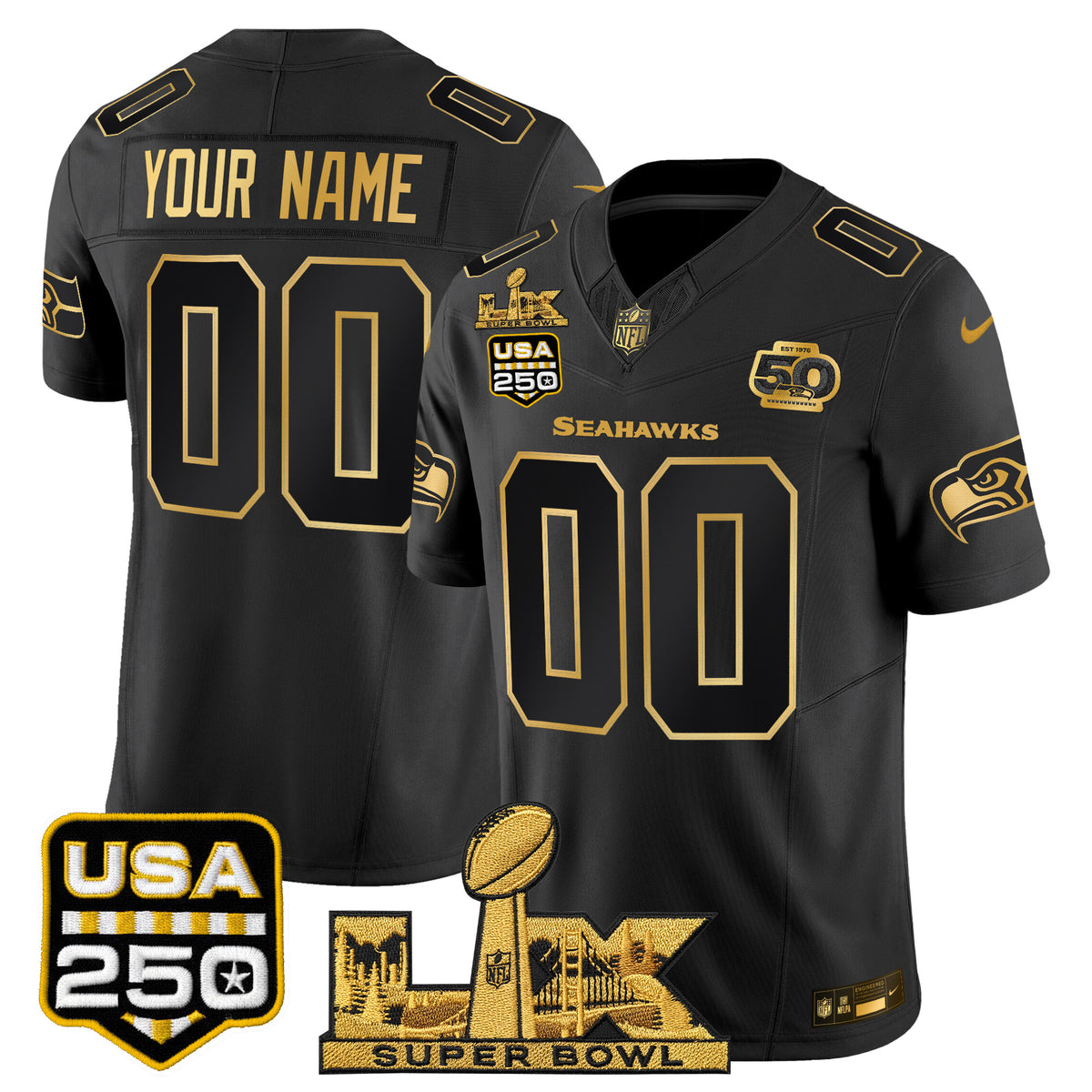 Seattle Seahawks "Super Bowl LX & United States 250th Anniversary Patch" Gold Vapor Limited Custom Jersey - All Stitched