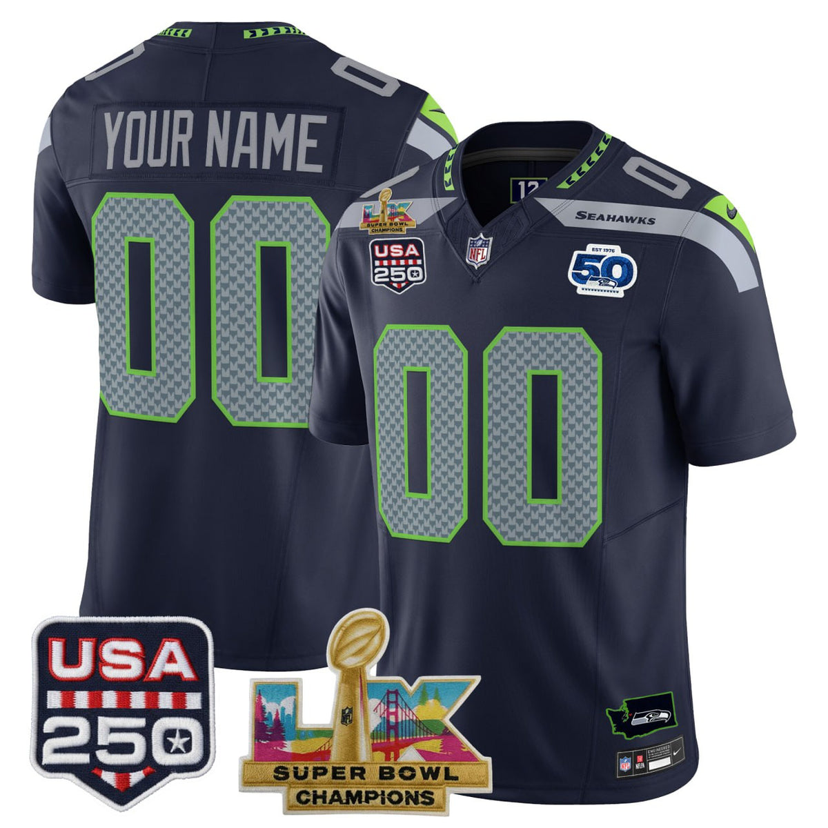 Seattle Seahawks "Super Bowl LX Champions & United States 250th Anniversary Patch" Limited Custom Jersey - All Stitched