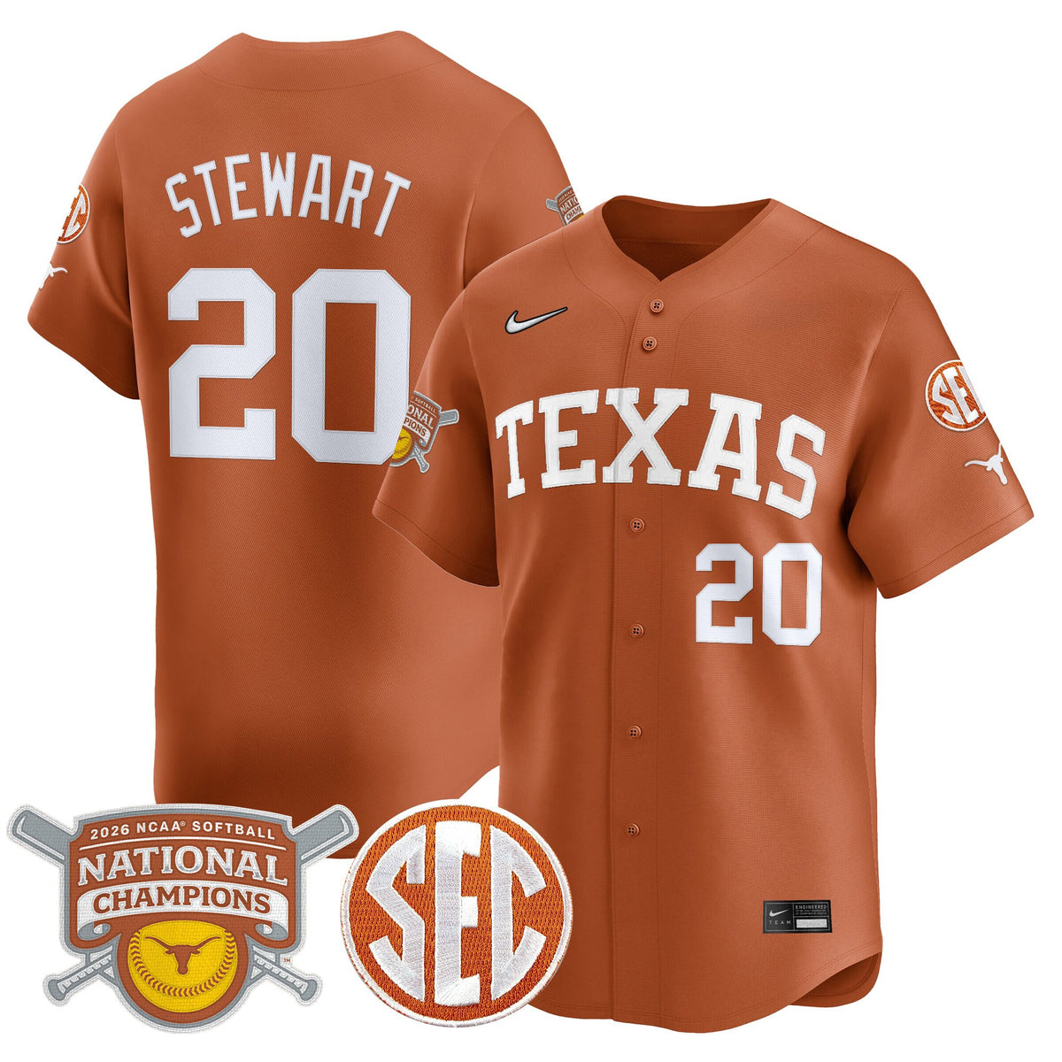 Men's size - Texas Longhorns 2026 Softball National Champions Vapor Premier Limited Jersey - All Stitched