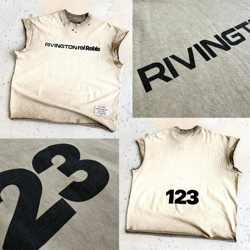 26SS Oversized Vintage Cement White Dirty RRR123 Sleeveless T Shirt Tanks Tops Men Women Casual Logo RRR-123 Sleeve-Cut T-Shirt