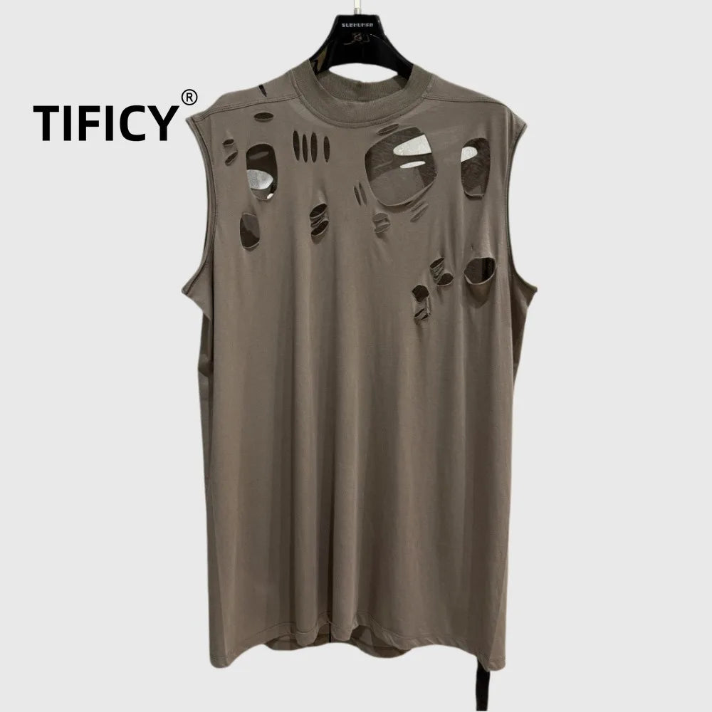 High Street Dark Ro Tees Tshirt Men's New Cotton Sleeveless Hollowed Out Perforated Personalized Trendy Tanks  Oversized T Shirt
