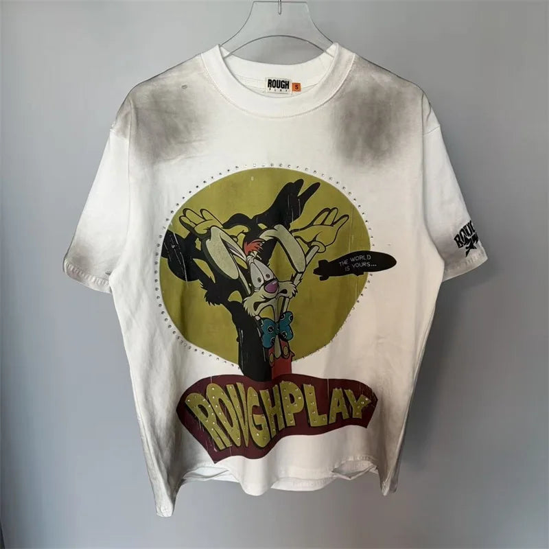 Rough Cartoon Print T-Shirts Oversized Washed White Sleeveless T Shirt