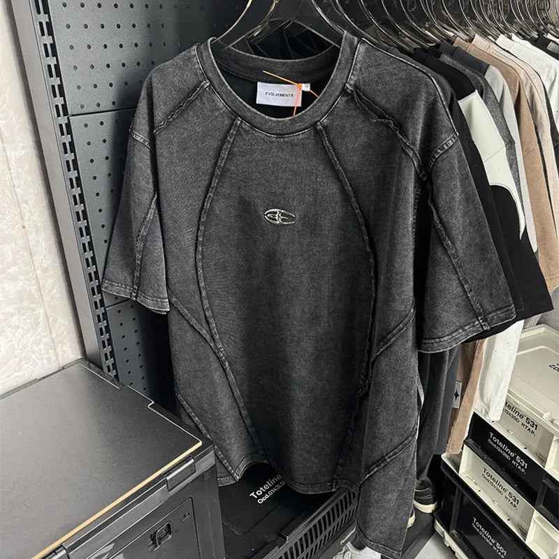 2025 Summer Washed Vintage Hip Hop Punk Short Sleeve T Shirt Men Women Rough Selvedge Patchwork Cotton Tops Streetwear