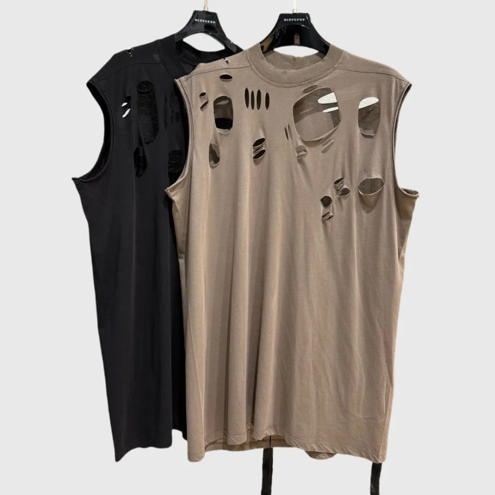 High Street Dark Ro Tees Tshirt Men's New Cotton Sleeveless Hollowed Out Perforated Personalized Trendy Tanks  Oversized T Shirt