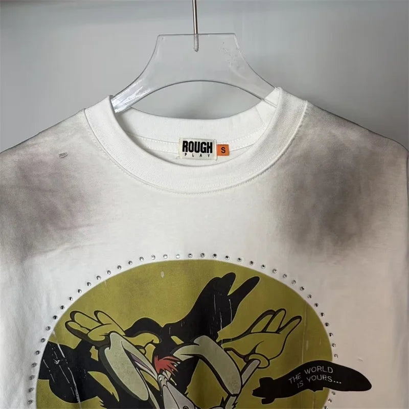 Rough Cartoon Print T-Shirts Oversized Washed White Sleeveless T Shirt