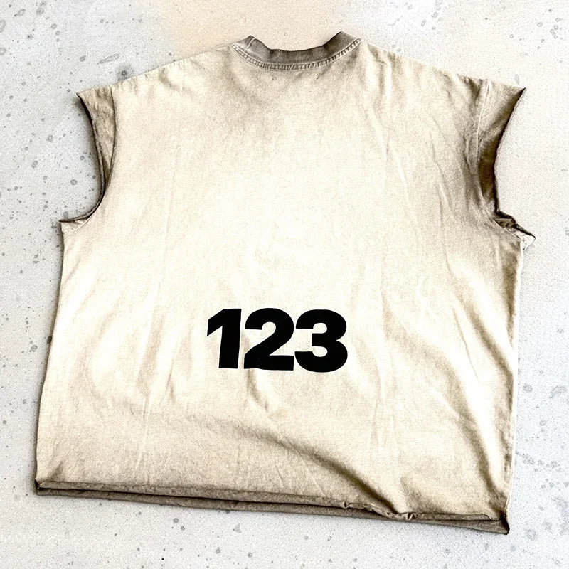 26SS Oversized Vintage Cement White Dirty RRR123 Sleeveless T Shirt Tanks Tops Men Women Casual Logo RRR-123 Sleeve-Cut T-Shirt