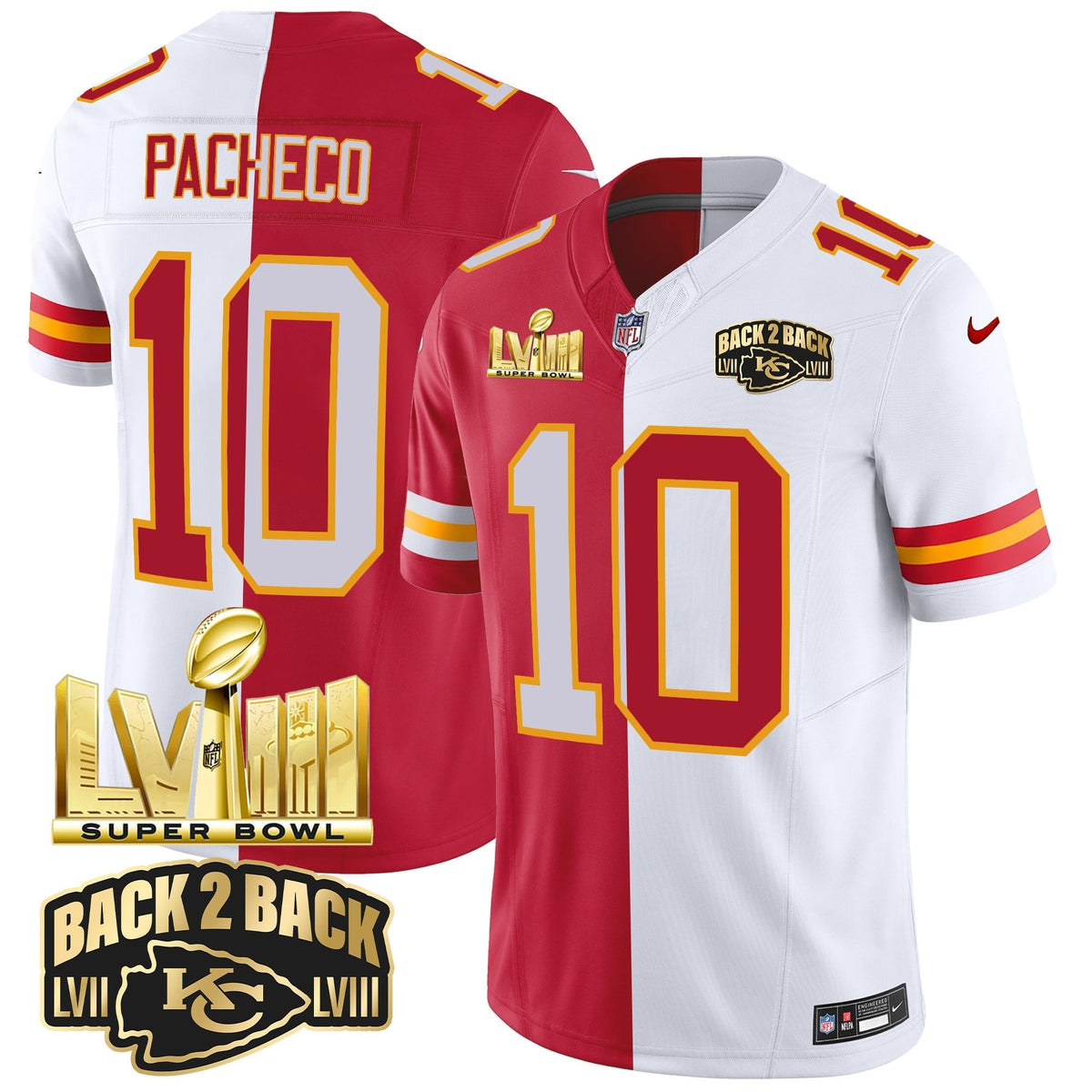 Men's Chiefs Super Bowl LVIII & Back 2 Back Gold Patch Vapor Jersey V2 - All Stitched